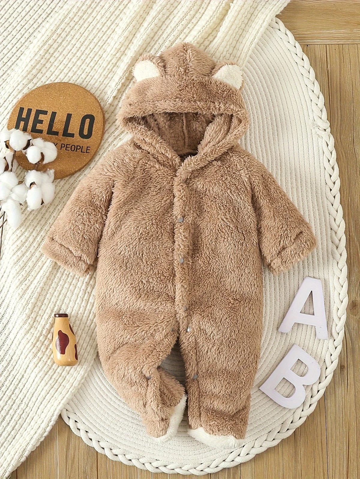 Baby bear costume fleece romper with hood and ears