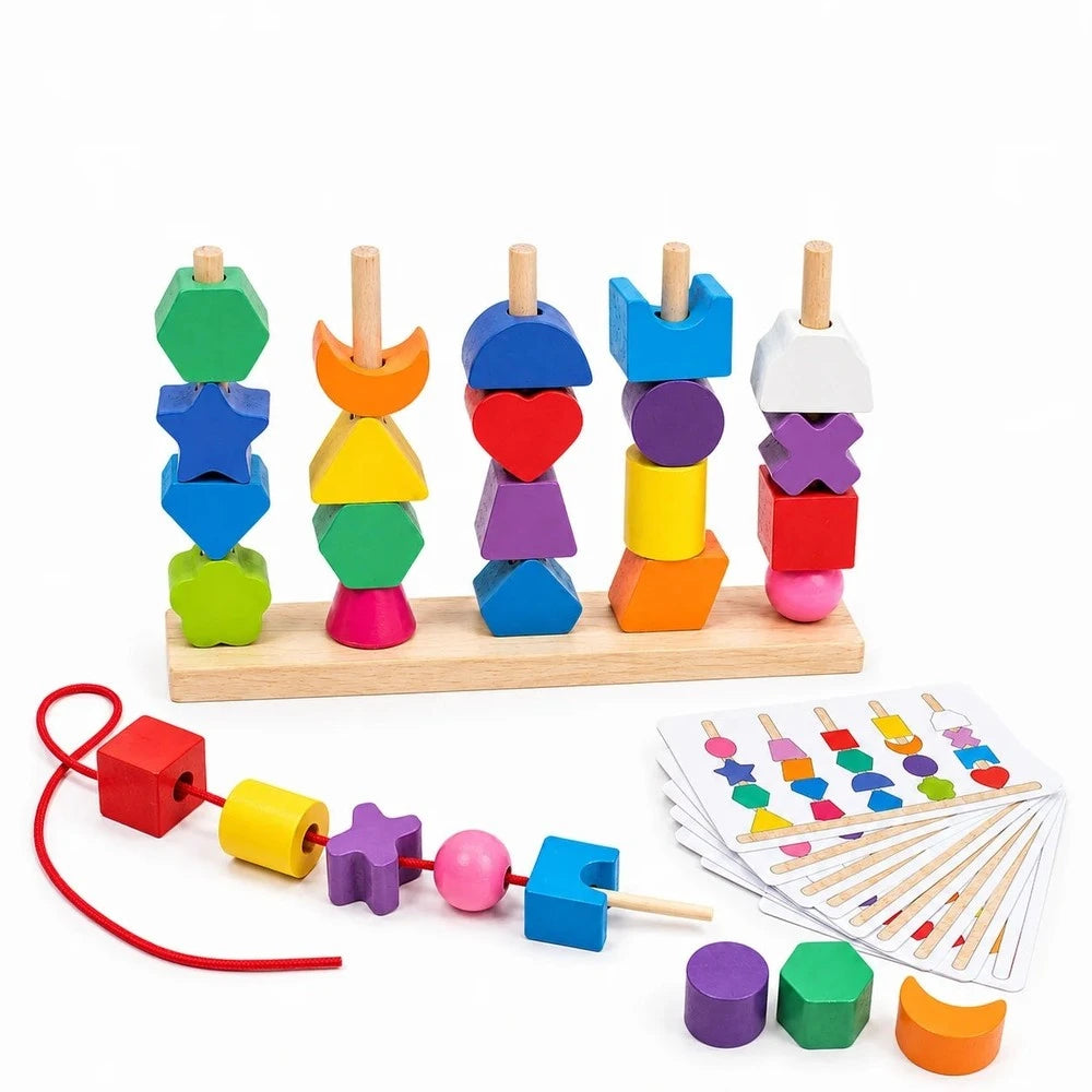 עמודי השחלה ומיון צבעים מעץ – עם כרטיסי משימה