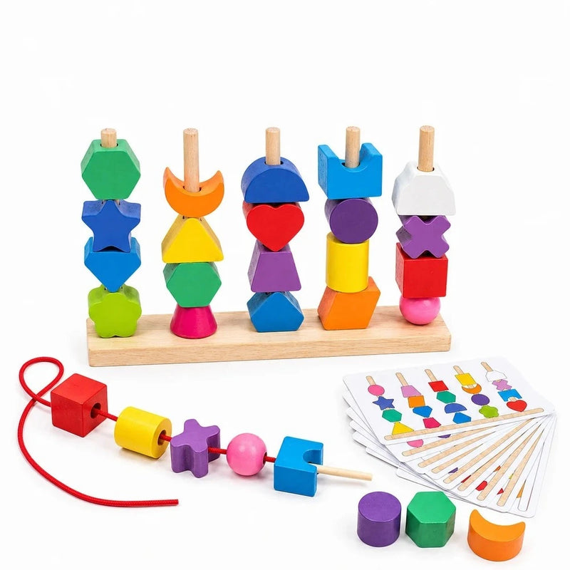 עמודי השחלה ומיון צבעים מעץ – עם כרטיסי משימה