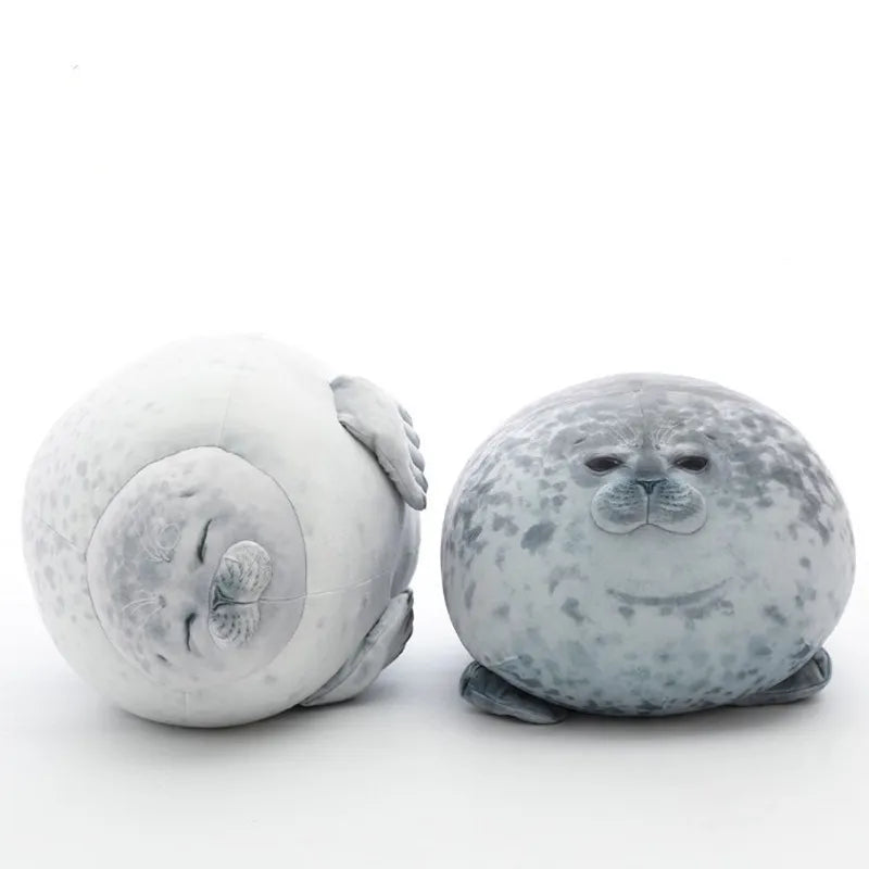 Chubby seal plush pillow in soft gray fur