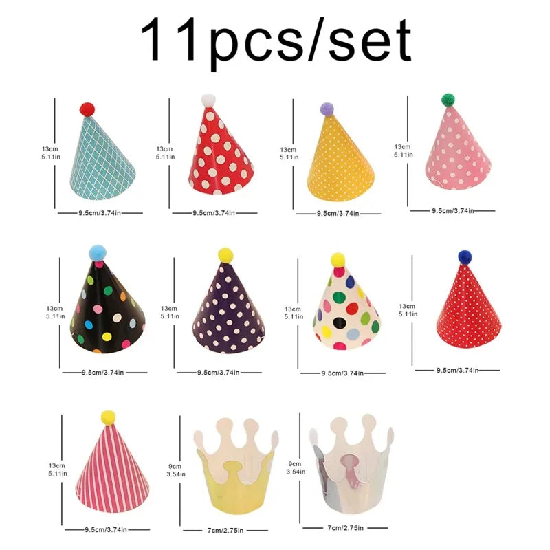 11 כובעי מסיבה קטנים ליום הולדת – 9 כובעי חרוט עם פונפון ו-2 כתרים – תמונה 6