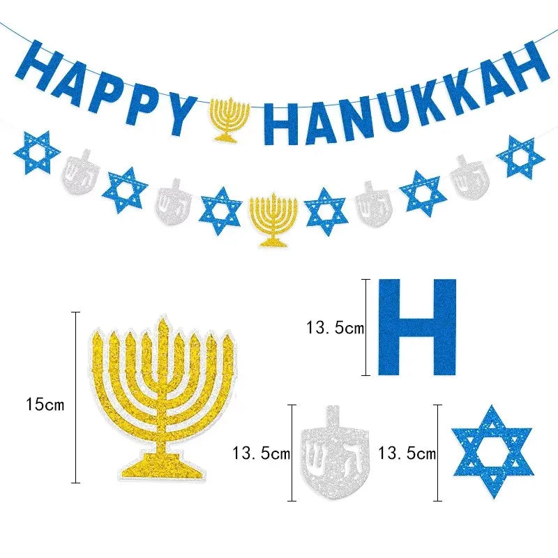 באנר "Happy Hanukkah" ושרשרת סמלי חנוכה – כחול, כסף וזהב – תמונה 2
