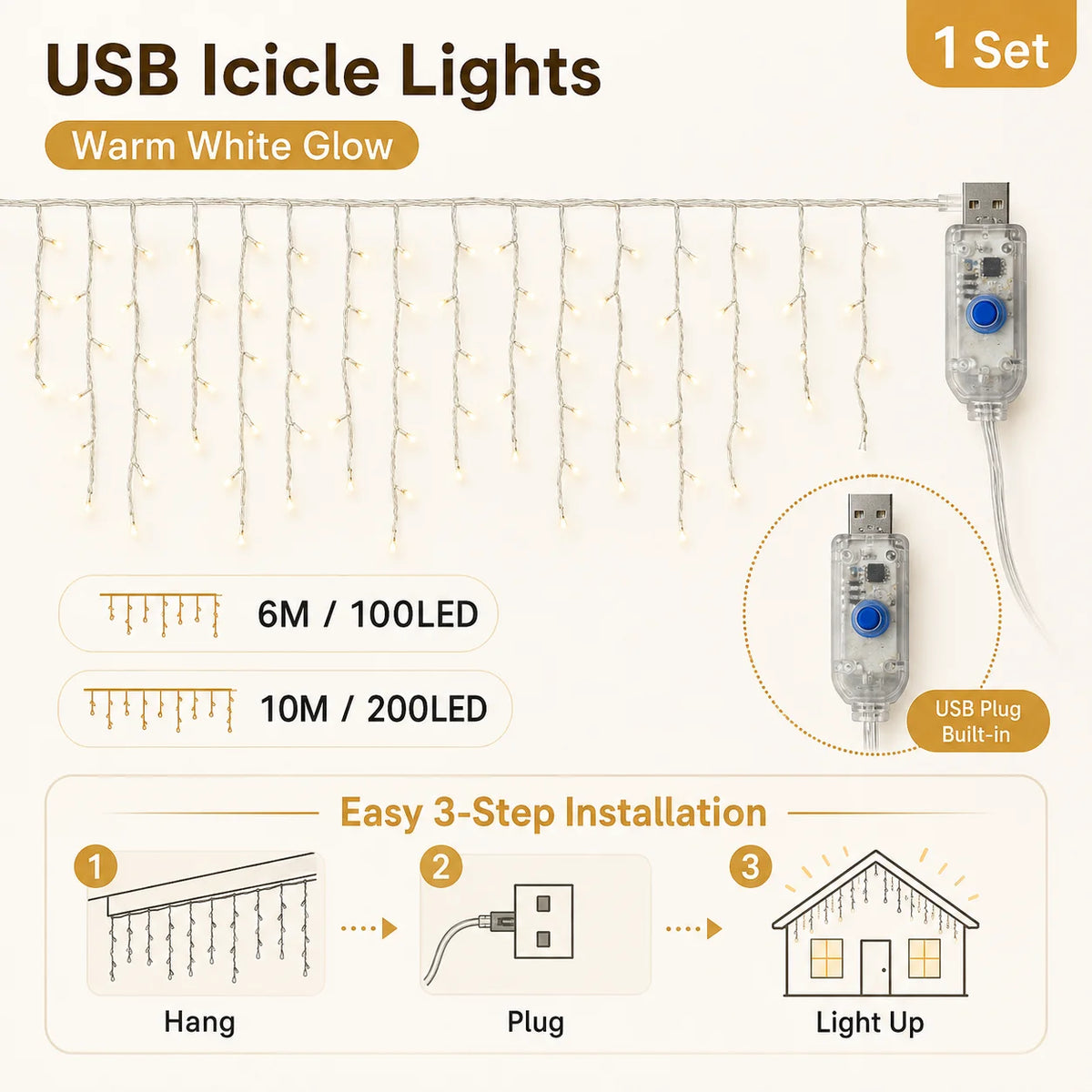 שרשרת אורות "נטיפי קרח" לסילבסטר – USB, 6 או 10 מטר – תמונה 2