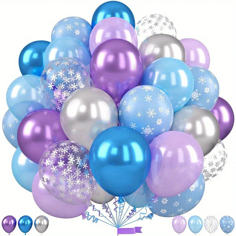 56 בלונים בכחול, סגול וכסף עם פתיתי שלג – לסילבסטר וליום הולדת חורפי