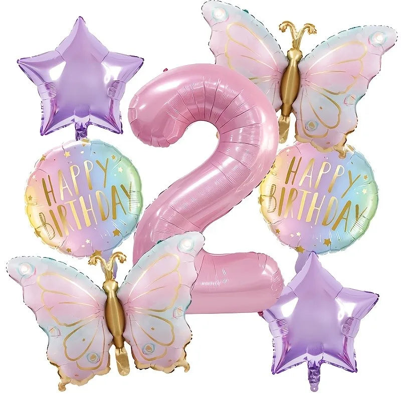 סט 7 בלוני פרפרים ורודים עם בלון ספרה – ספרות 1–9 – תמונה 3