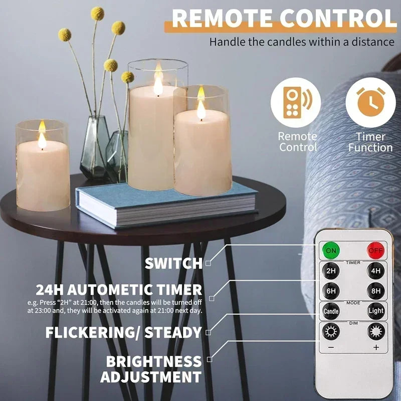 Three LED candles with warm flickering flames glowing at dusk