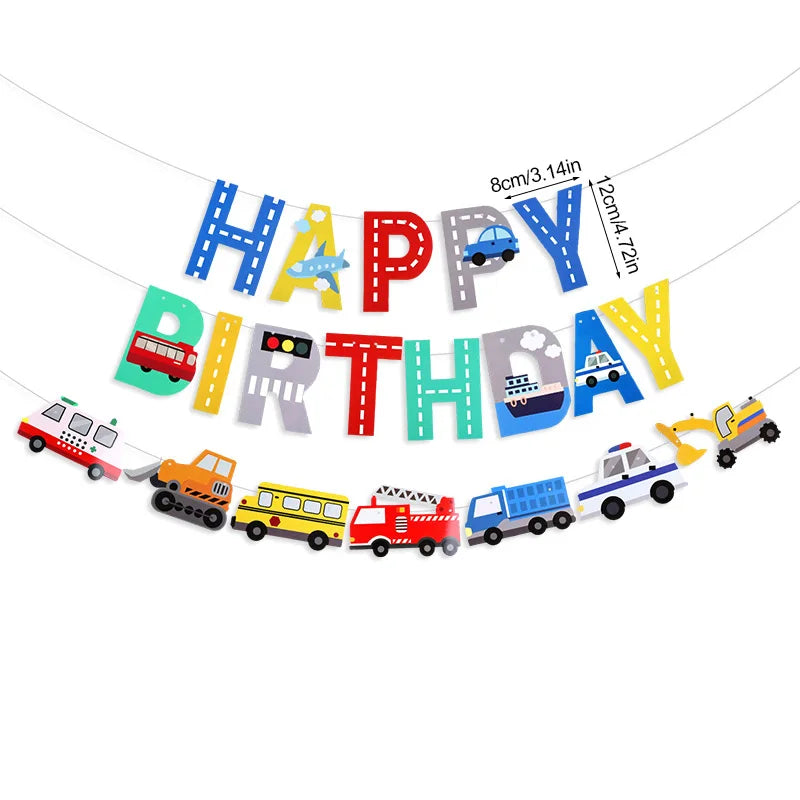 שרשרת "Happy Birthday" עם טרקטורים, כבאית ומשאיות – תמונה 3