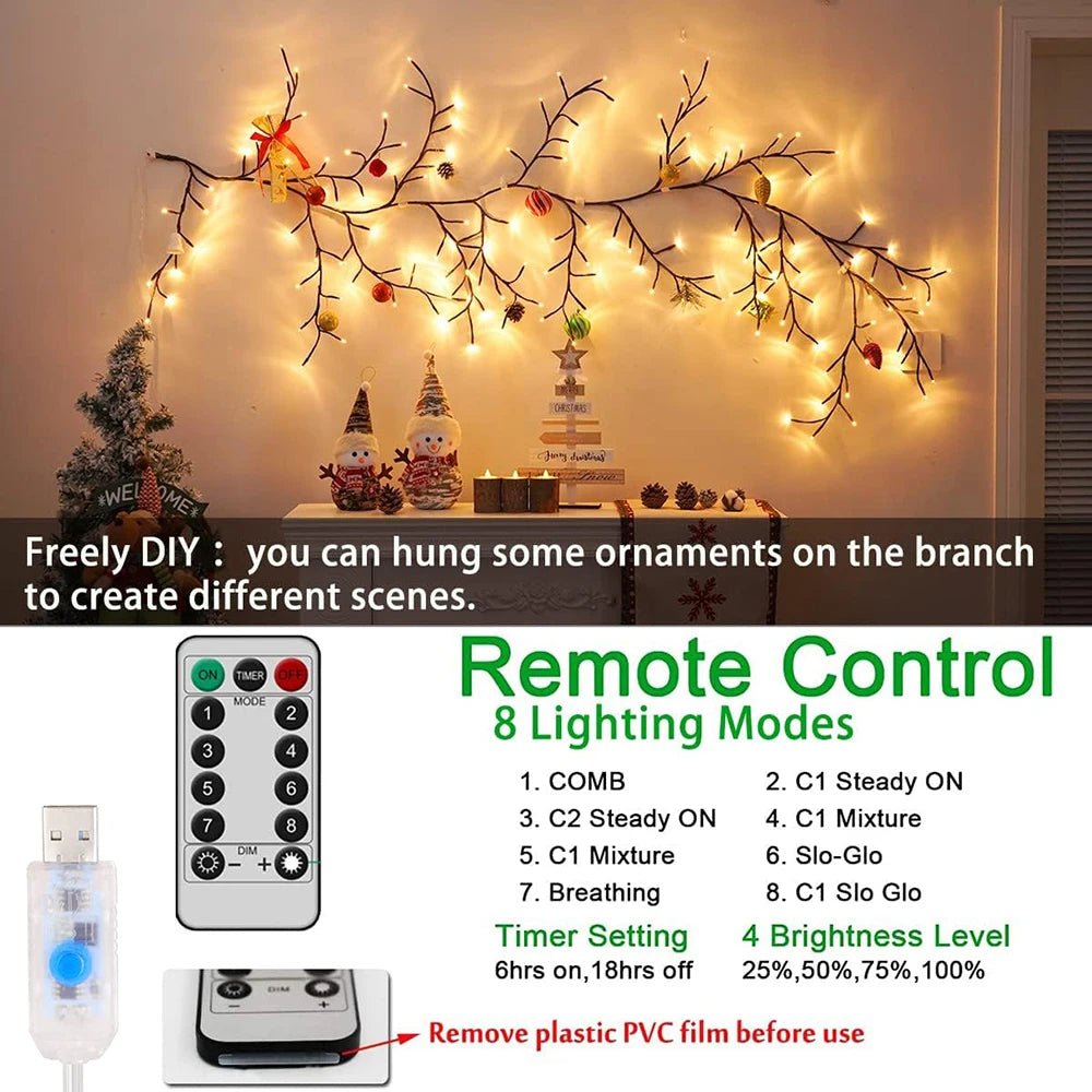 ענף מואר לקיר לסילבסטר – 72 או 96 נורות, USB ושלט – תמונה 5