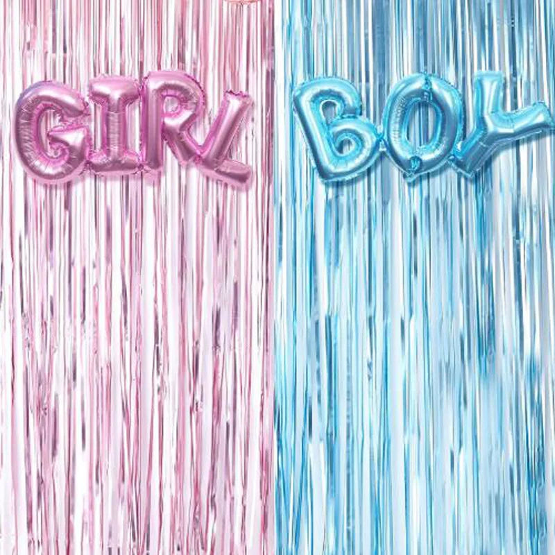 קישוטים לגילוי מין – וילון נוצץ, בלוני BOY ו-GIRL וטופר