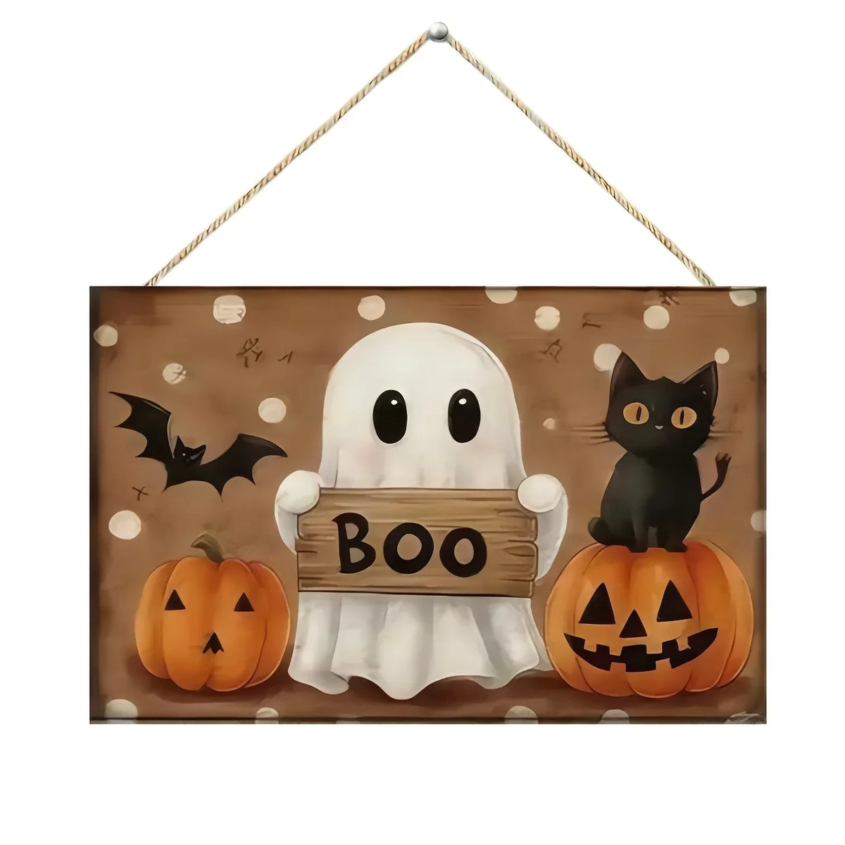 שלט עץ לדלת "Happy Halloween" – חתול שחור או רוח BOO – תמונה 7