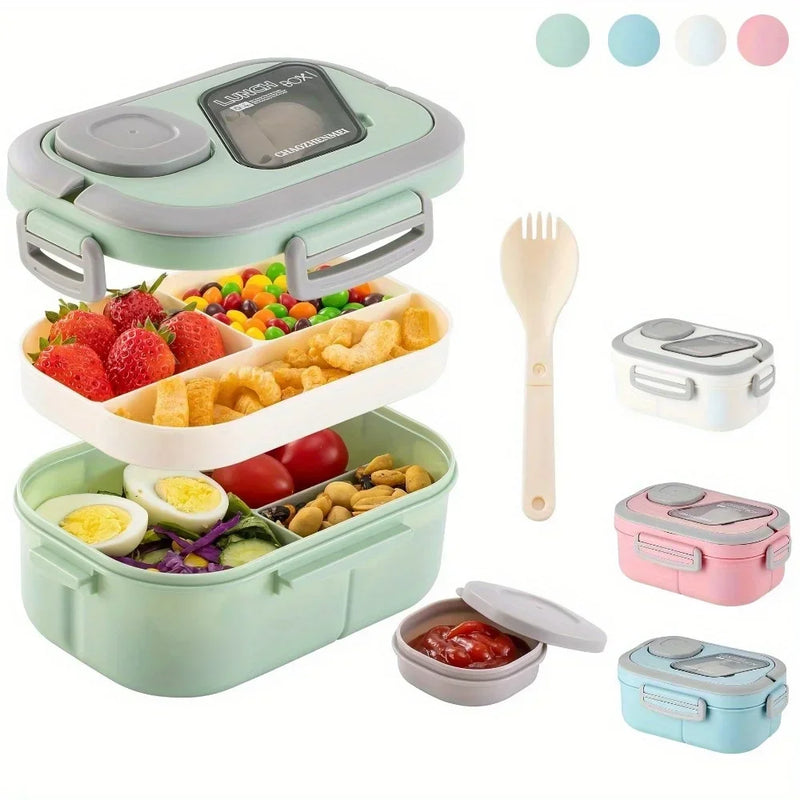 קופסת אוכל בנטו 1200 מ״ל בשתי קומות – בלי BPA, עם כף וכלי לרוטב