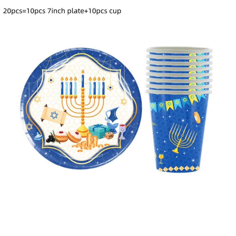 סט כלים חד-פעמיים למסיבת חנוכה – צלחות, כוסות, מפיות ומפה – תמונה 5