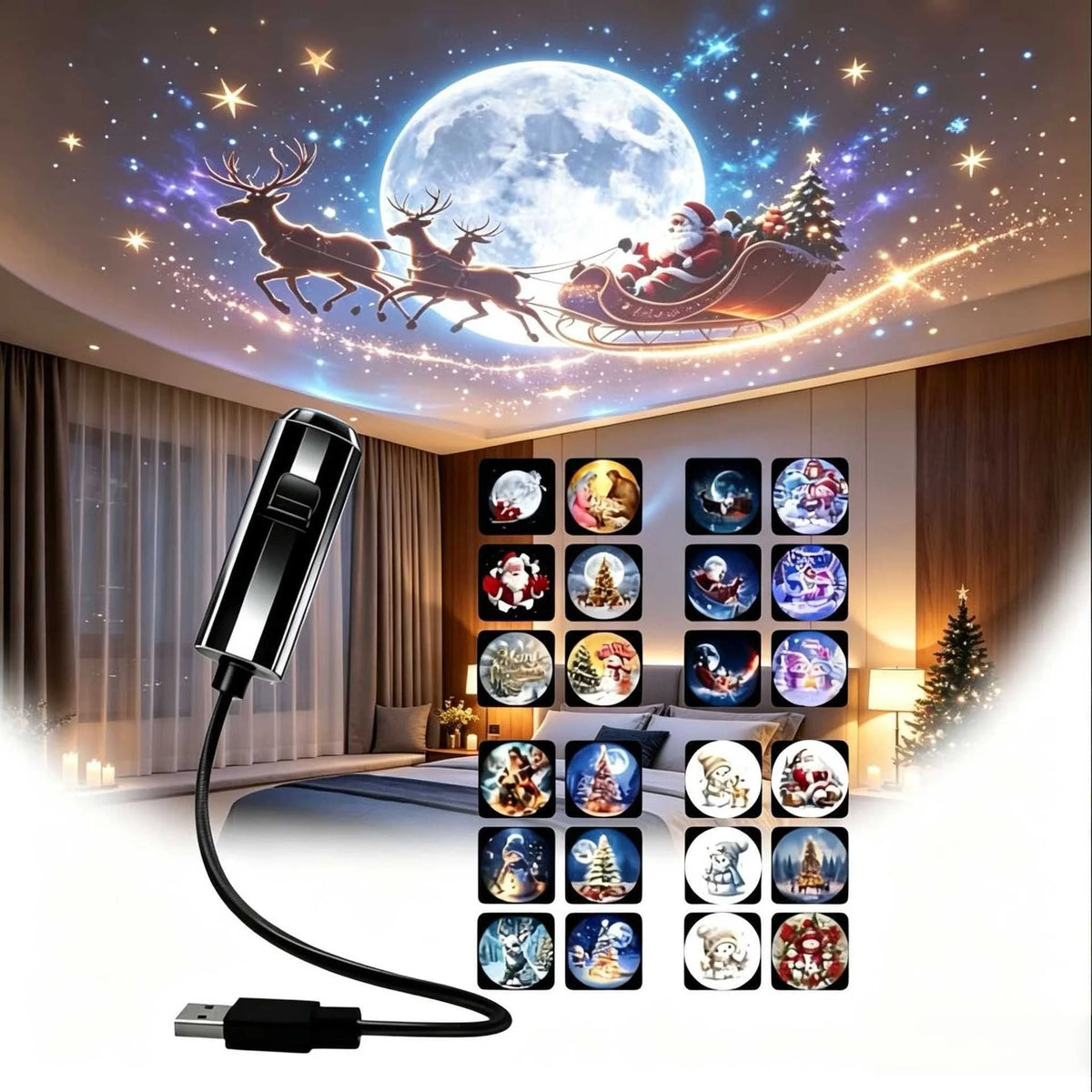 מקרן חג המולד לתקרה – סנטה במזחלת ועץ אשוח, USB – תמונה 10