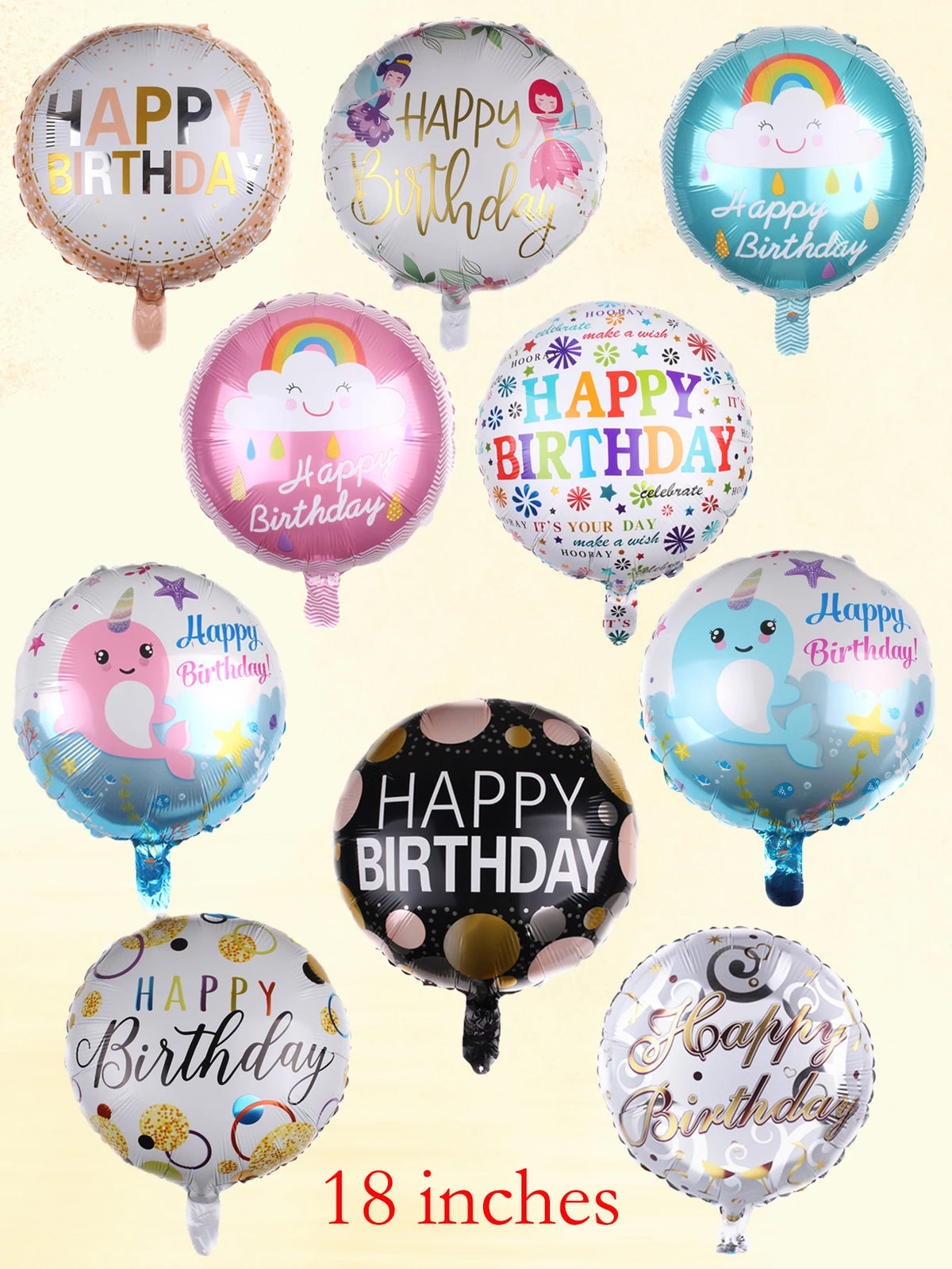 10 בלוני מיילר עגולים "Happy Birthday" – או סוכריות וכדורי 4D – תמונה 3