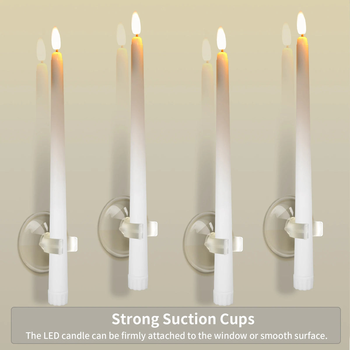 Six white LED taper candles lined up in a row