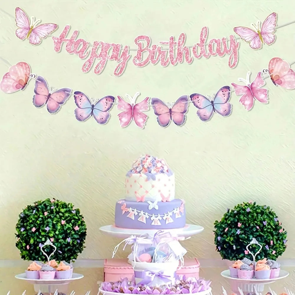 שרשרת "Happy Birthday" עם פרפרים בפסטל ורוד וסגול – תמונה 3