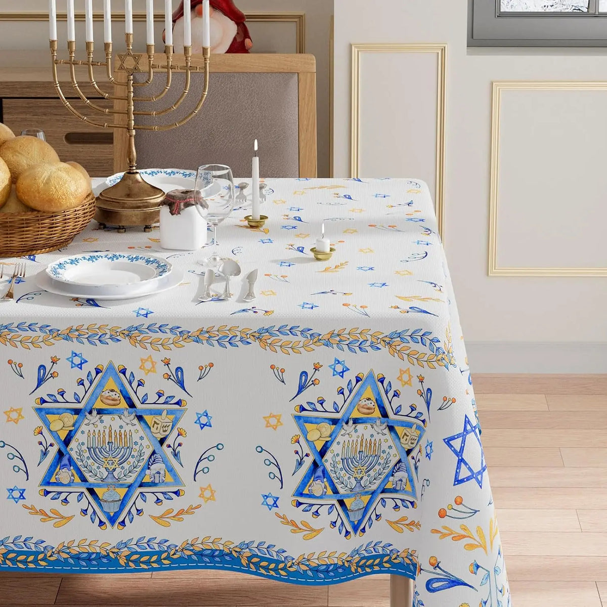 מפת שולחן לחנוכה עם מגני דוד וענפי זית – כחול ולבן – תמונה 2