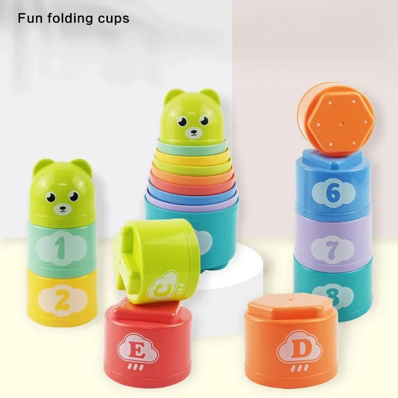 Colorful nesting cups showing embossed letters and numbers