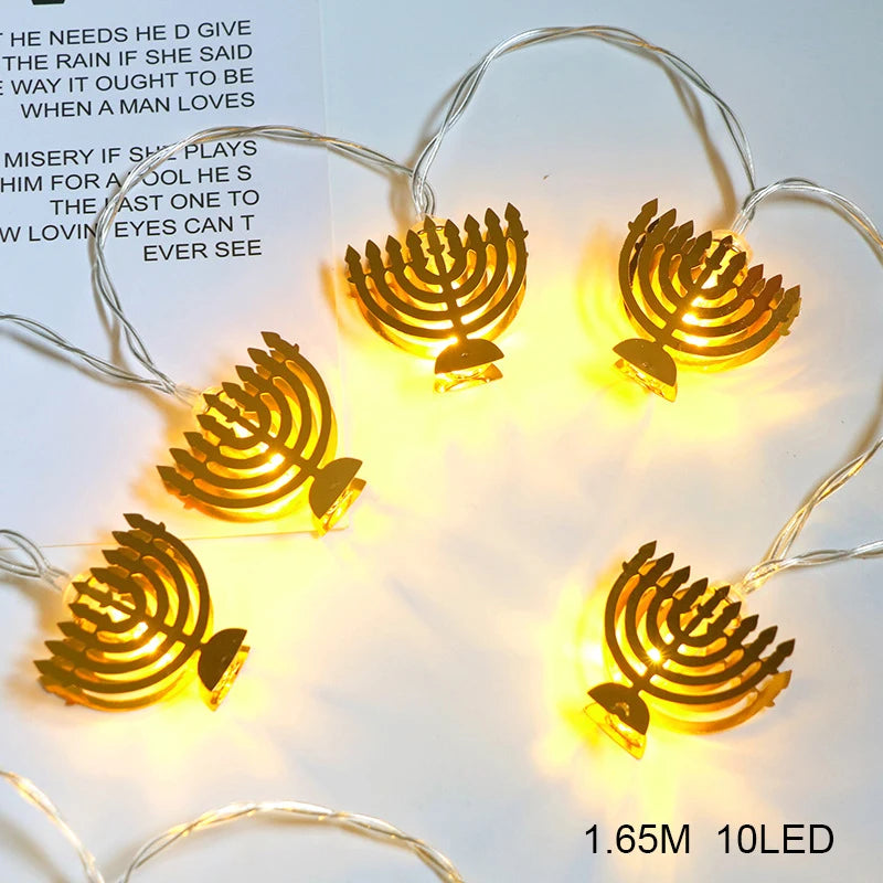 שרשרת אורות לחנוכה – מגני דוד או חנוכיות, בכחול או בזהב – תמונה 7