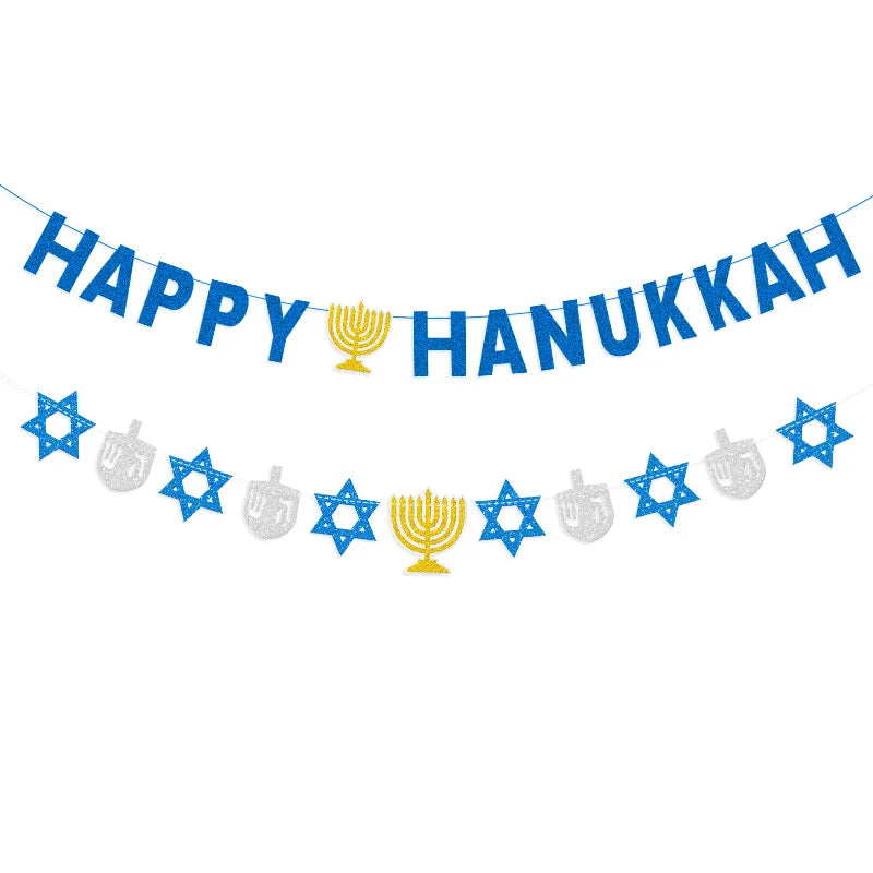 באנר "Happy Hanukkah" ושרשרת סמלי חנוכה – כחול, כסף וזהב – תמונה 7