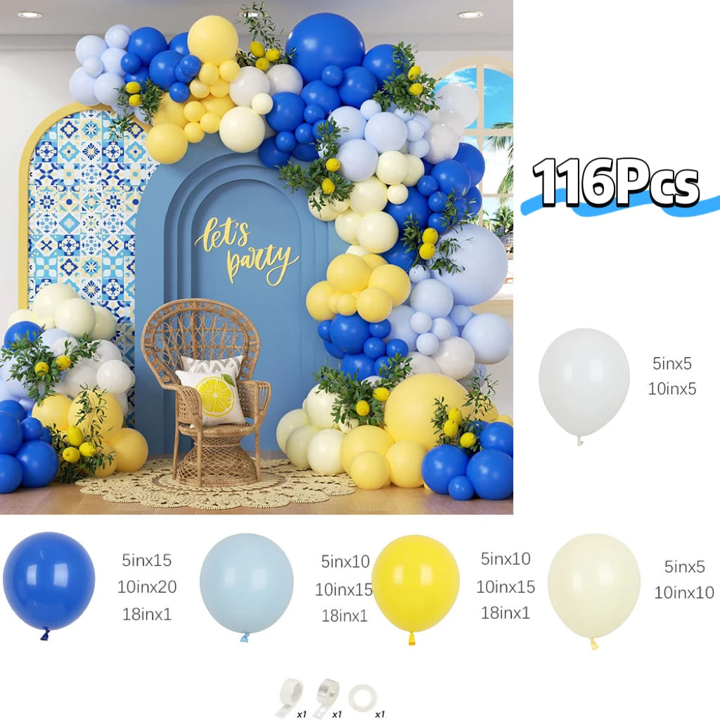 ערכת קשת 116 בלונים בכחול, צהוב ולבן – תמונה 2