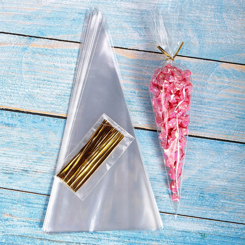 Cone cellophane treat bags with ties filled with sweets