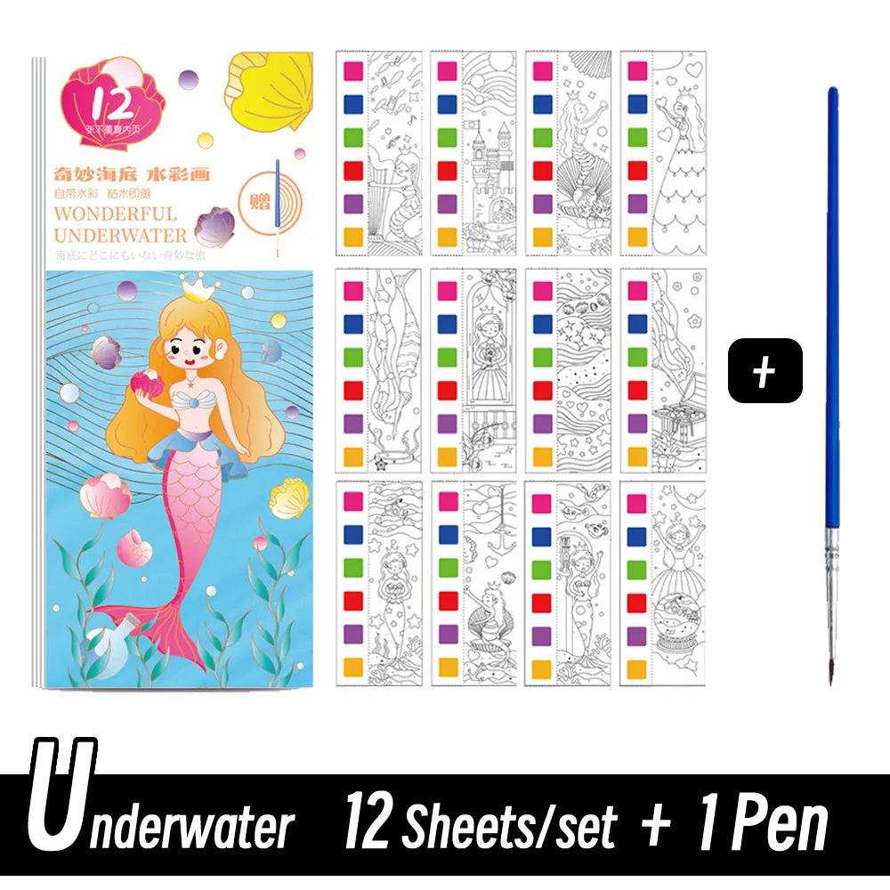 חוברת צבעי מים עם מכחול – 12 דפים – תמונה 9