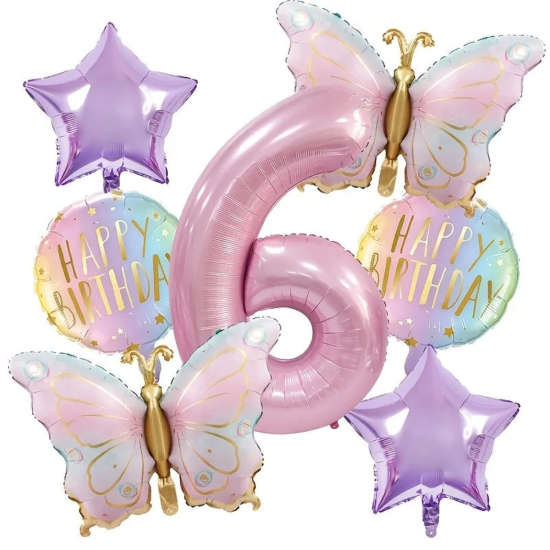 סט 7 בלוני פרפרים ורודים עם בלון ספרה – ספרות 1–9 – תמונה 8