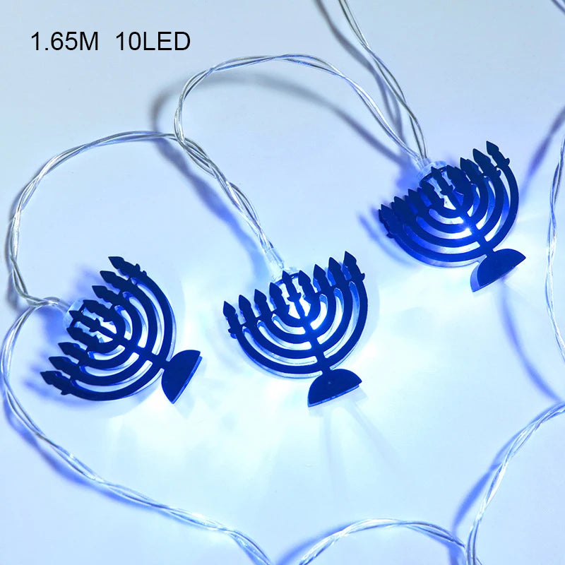 שרשרת אורות לחנוכה – מגני דוד או חנוכיות, בכחול או בזהב – תמונה 2