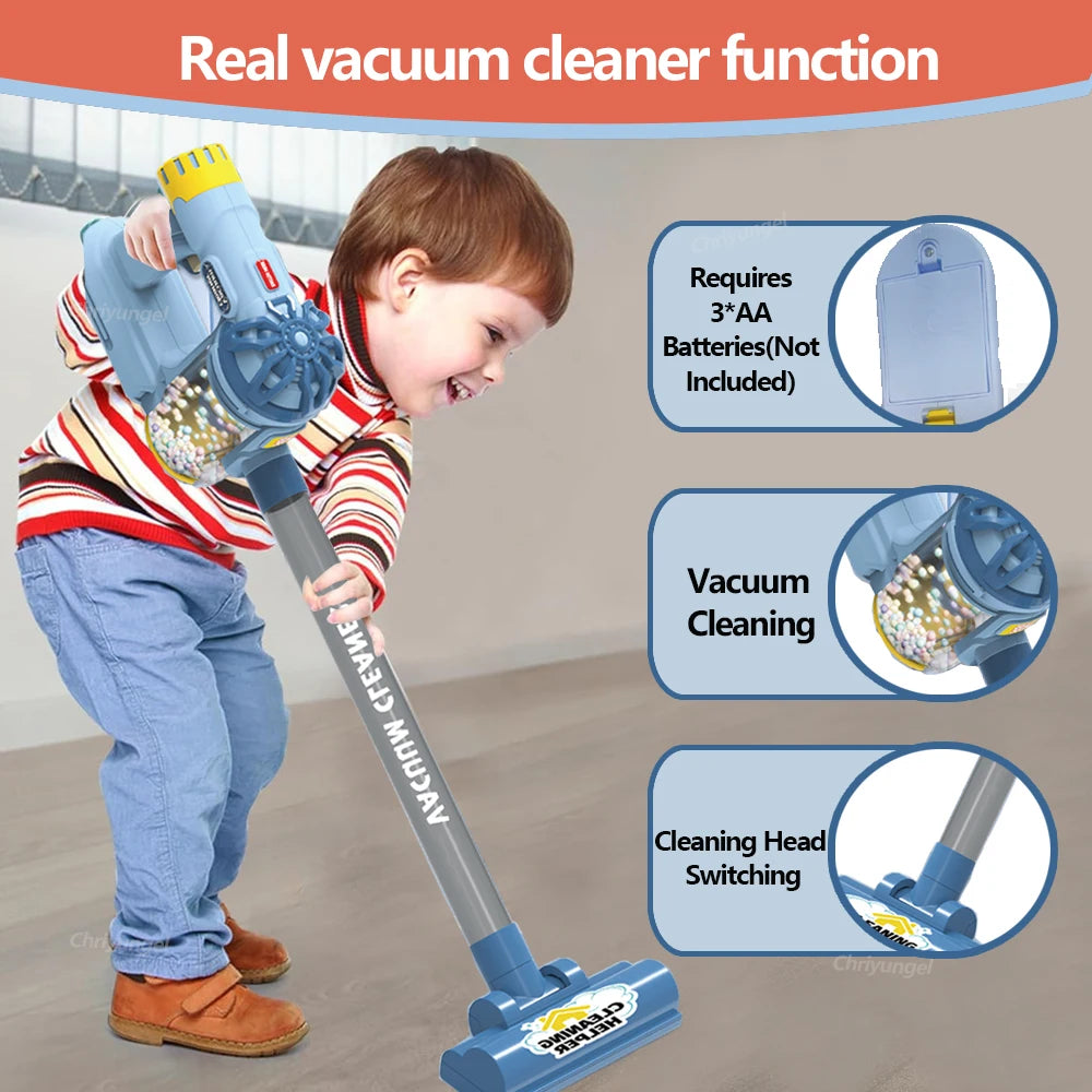 Kids cleaning set with working vacuum, broom, mop and dustpan laid out