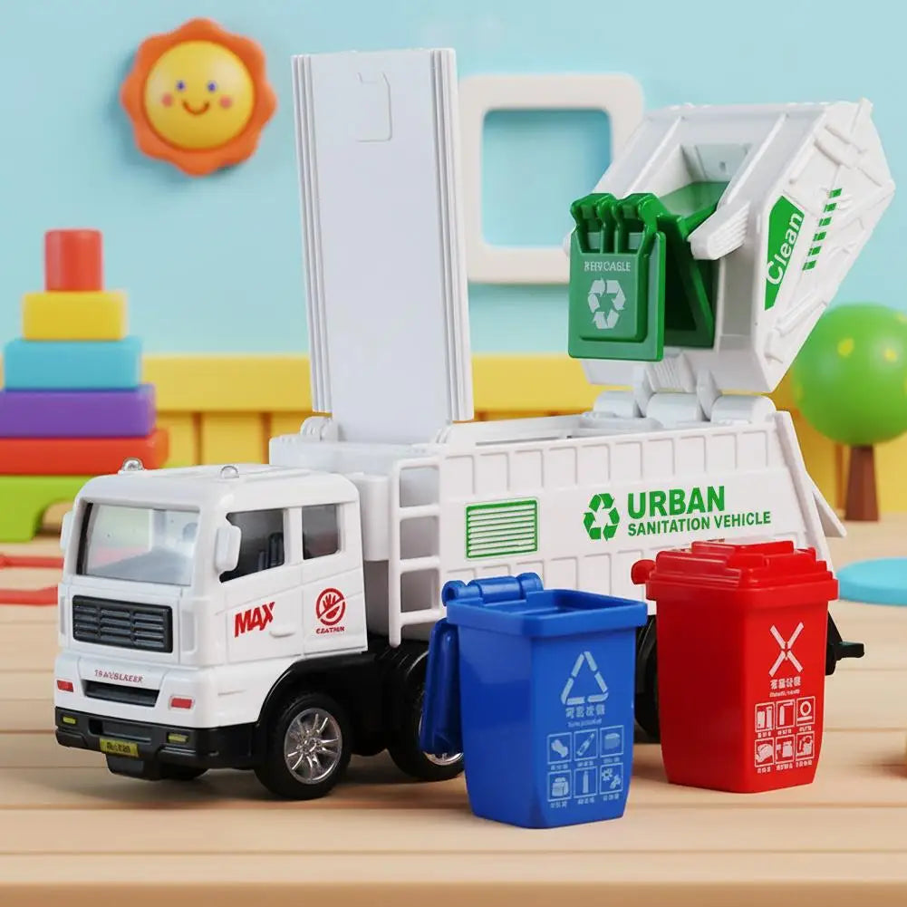 משאית זבל צעצוע עם פחי מחזור – נוסעת בדחיפה – תמונה 3