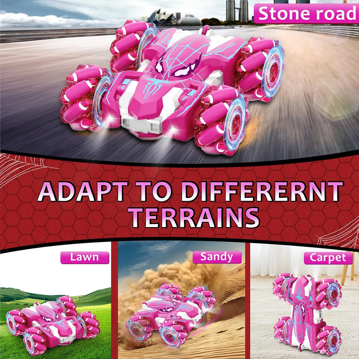 מכונית פעלולים ורודה על שלט – מסתובבת 360° עם אורות – תמונה 3