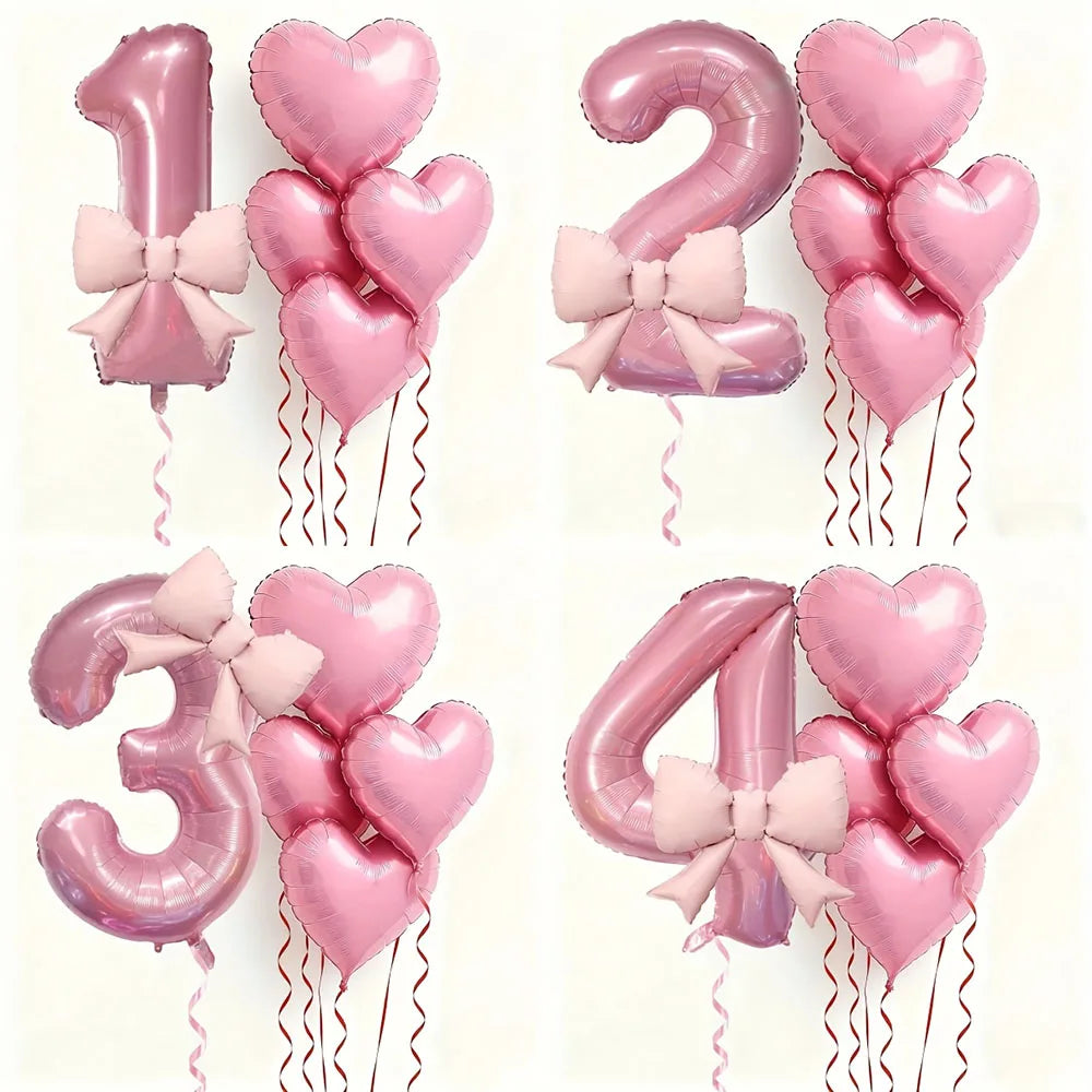 סט בלון ספרה ורוד עם לבבות ופפיון – 6 בלונים