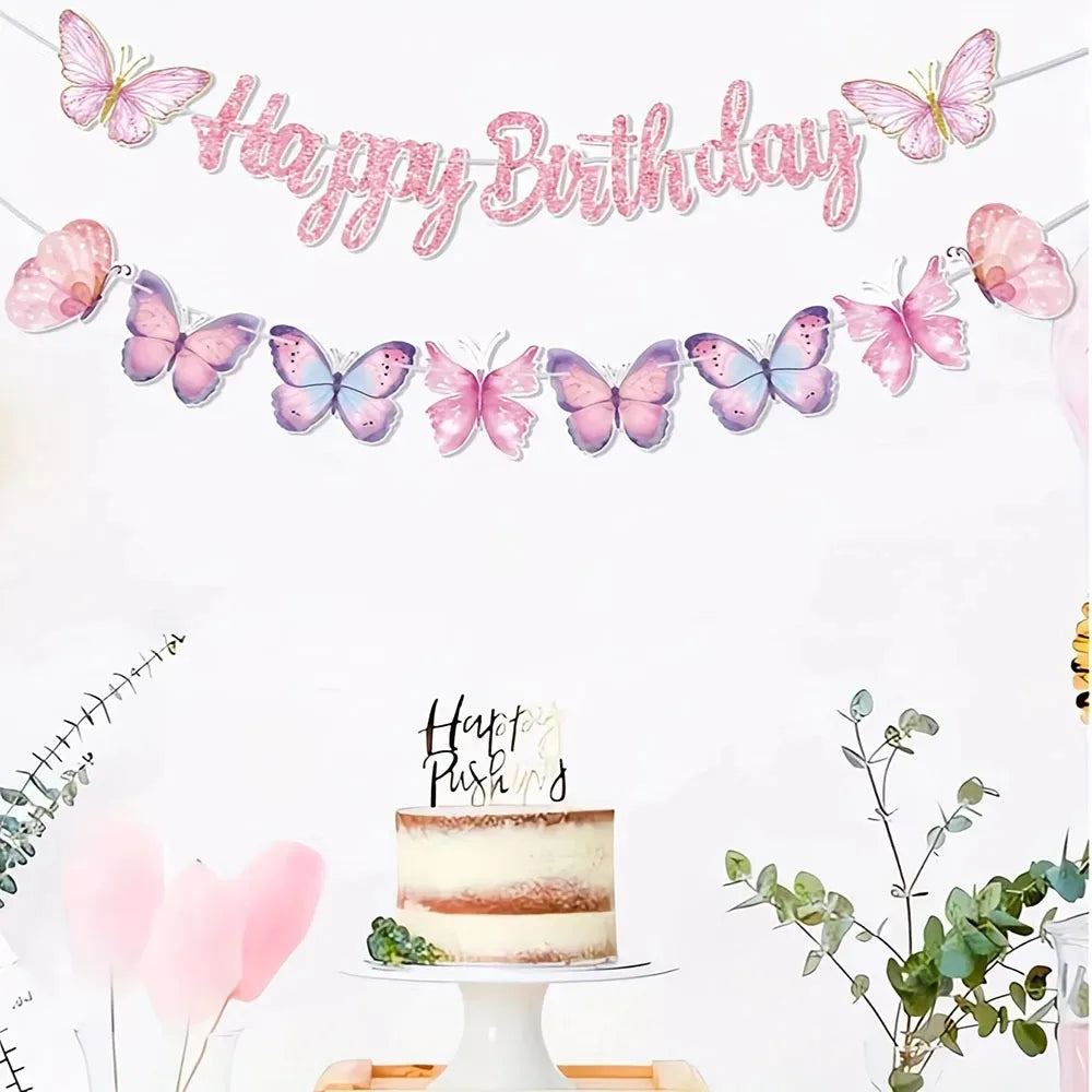 שרשרת "Happy Birthday" עם פרפרים בפסטל ורוד וסגול – תמונה 2