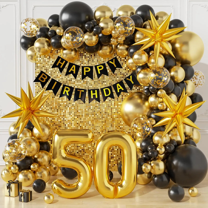 ערכת קישוט שחור-זהב ליום הולדת 40, 50 או 60 – קשת, ספרות ושרשרת