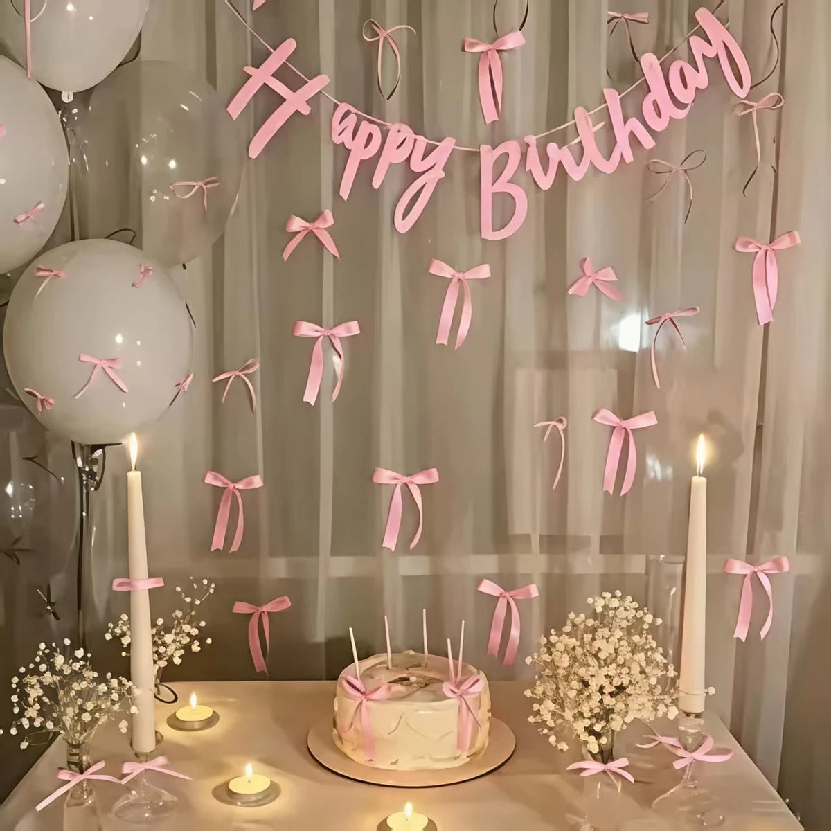 קישוט קיר "Happy Birthday" עם פפיונים – שחור או ורוד – תמונה 4