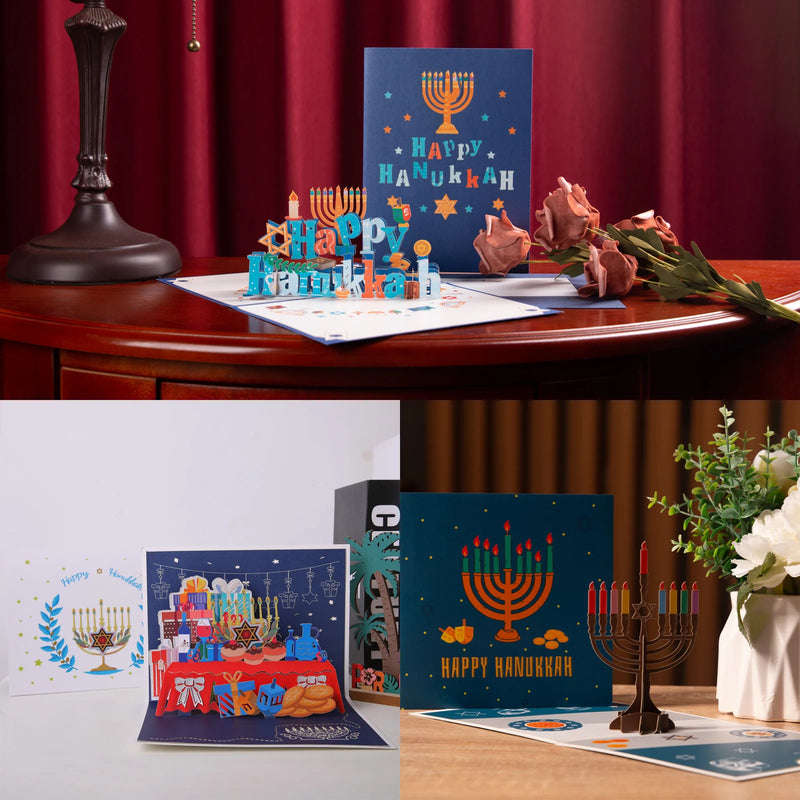 כרטיס ברכה קופץ בתלת-ממד לחנוכה – 3 עיצובים