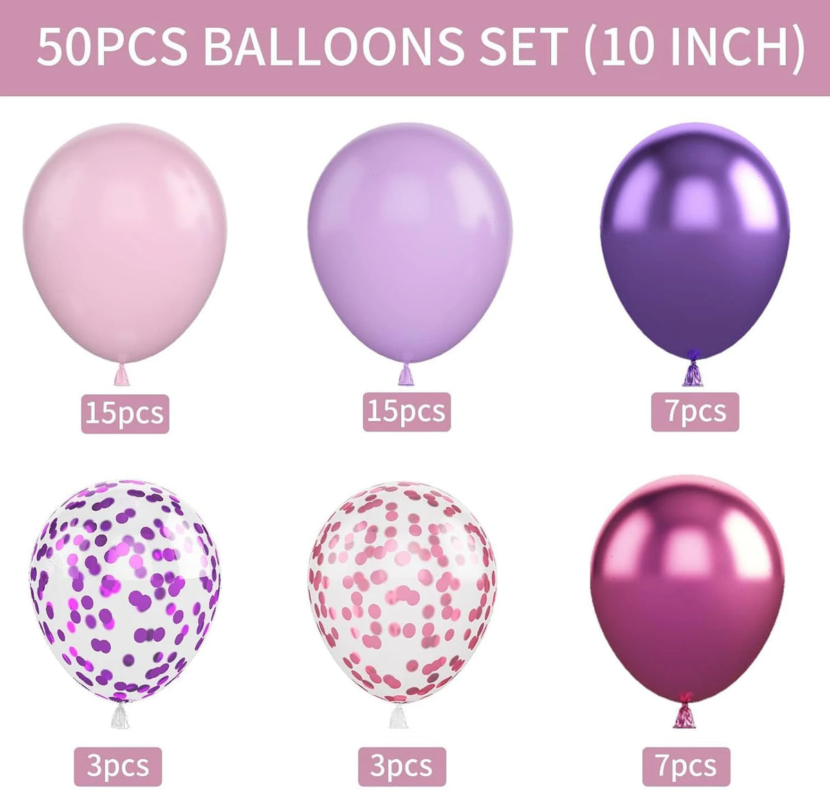 50 בלונים בוורוד וסגול עם קונפטי – ליום הולדת לבנות – תמונה 2