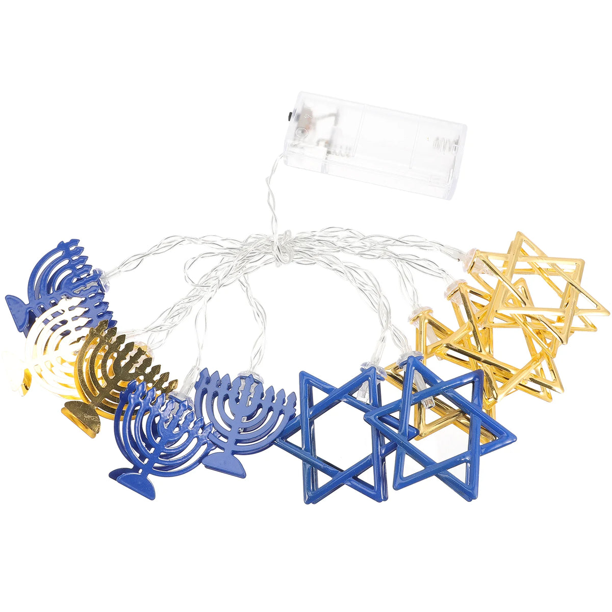 שרשרת אורות לחנוכה בשילוב – חנוכיות ומגני דוד בכחול ובזהב – תמונה 8