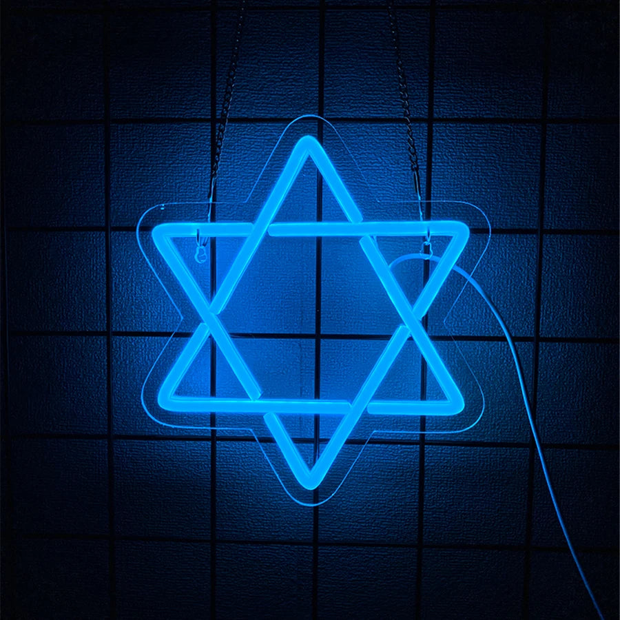 שלט ניאון מגן דוד כחול לקיר – תאורת חנוכה, 24×21.5 ס״מ