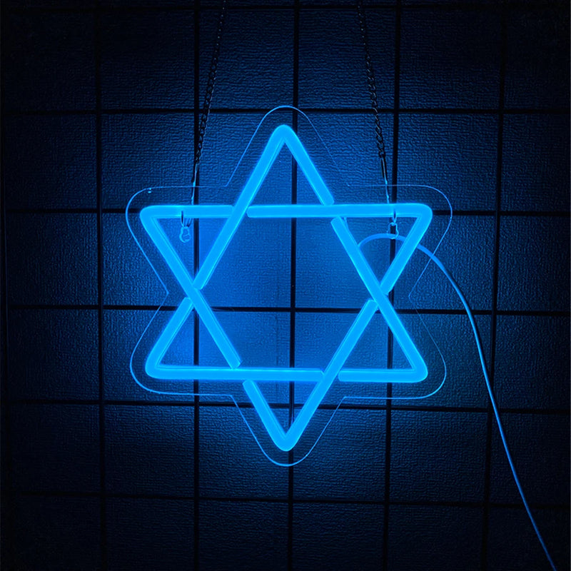 שלט ניאון מגן דוד כחול לקיר – תאורת חנוכה, 24×21.5 ס״מ
