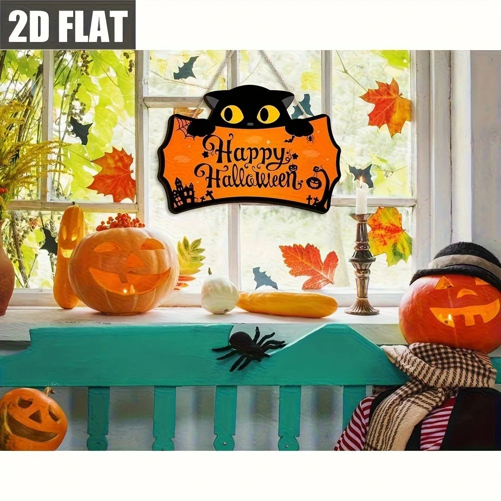 שלט עץ לדלת "Happy Halloween" – חתול שחור או רוח BOO – תמונה 2