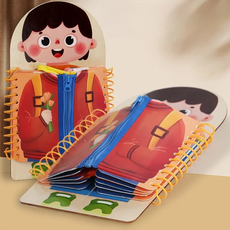 לוח פעילות מעץ "לומדים להתלבש" – כפתורים, רוכסנים ושרוכים – תמונה 3