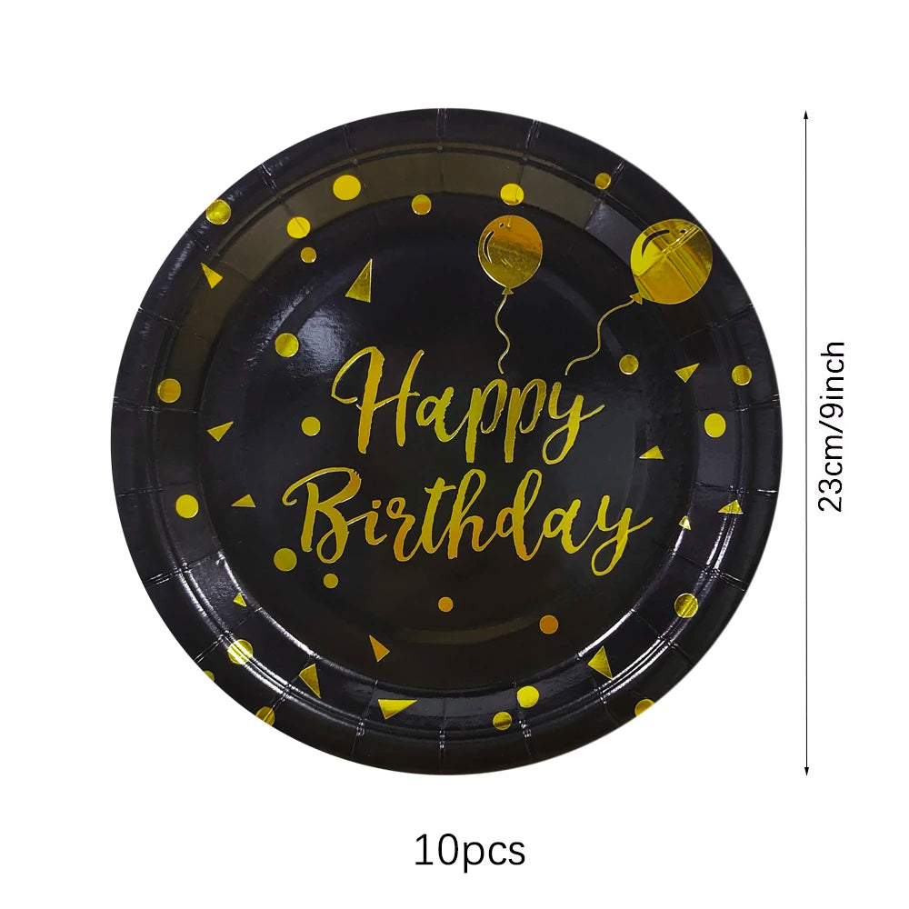 כלים חד-פעמיים שחור-זהב "Happy Birthday" – צלחות, כוסות, מפיות וסטים – תמונה 8