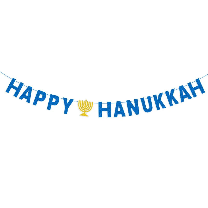 באנר "Happy Hanukkah" ושרשרת סמלי חנוכה – כחול, כסף וזהב – תמונה 6