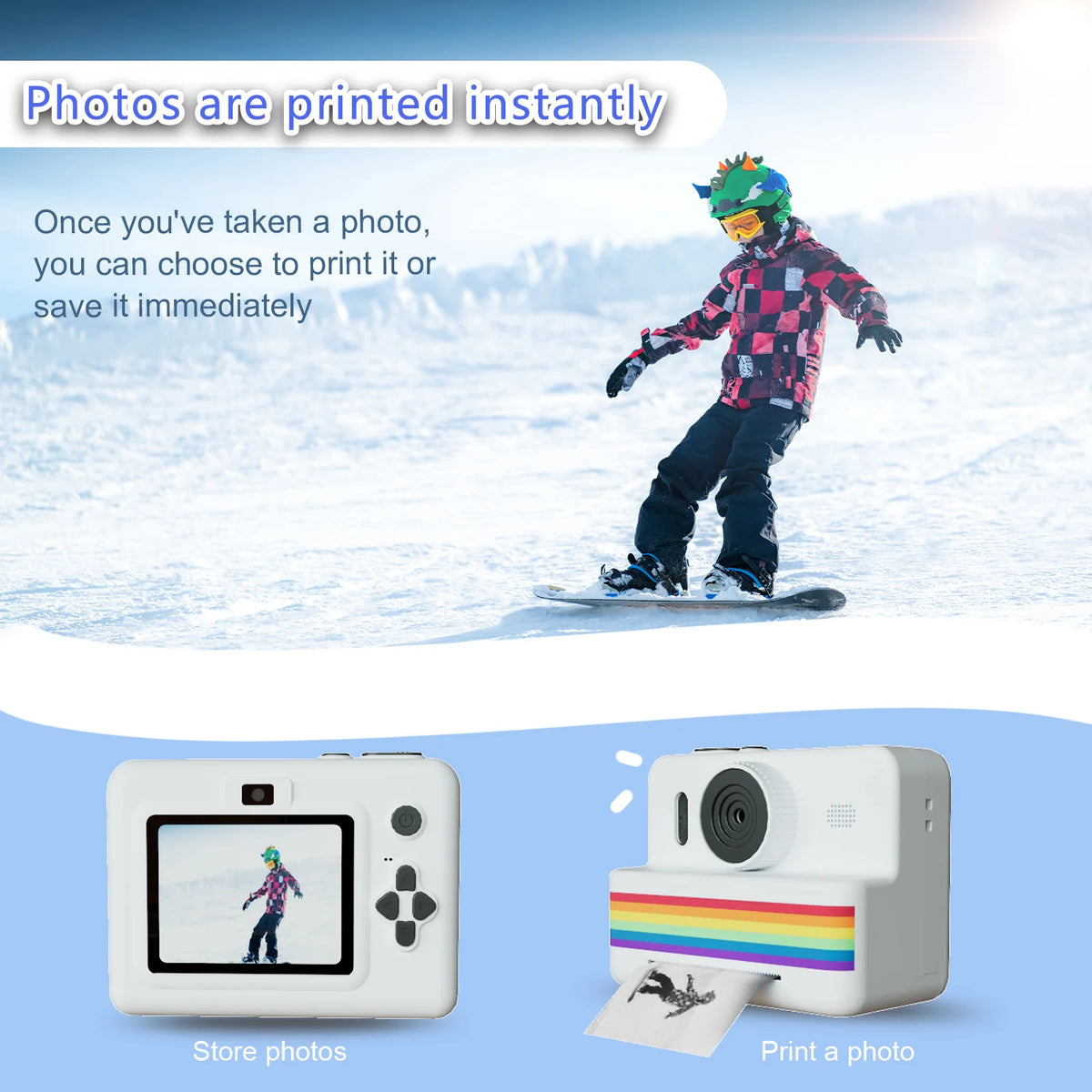 Child holding a kids instant print camera to take a picture