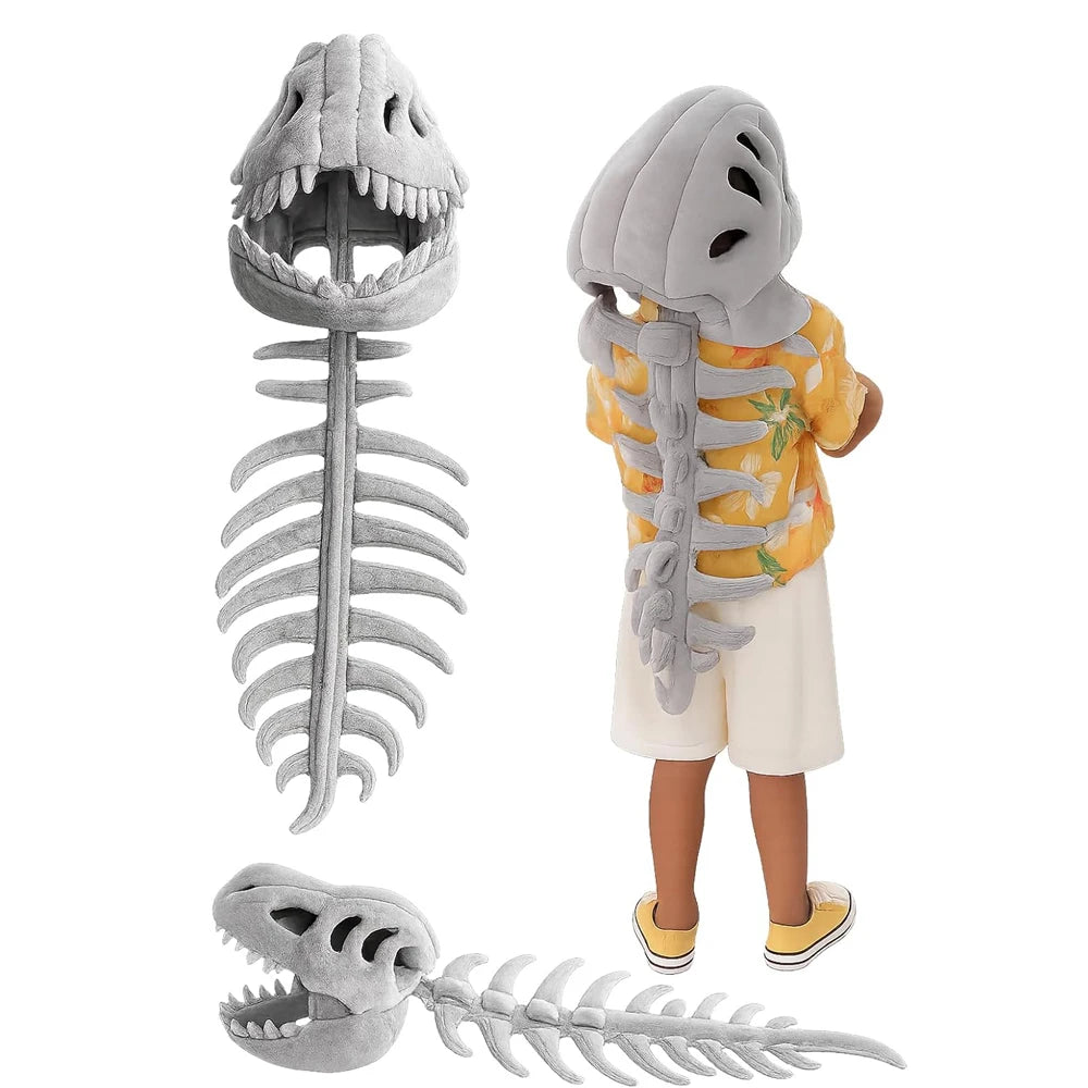 Child wearing a plush dinosaur skeleton costume with hood