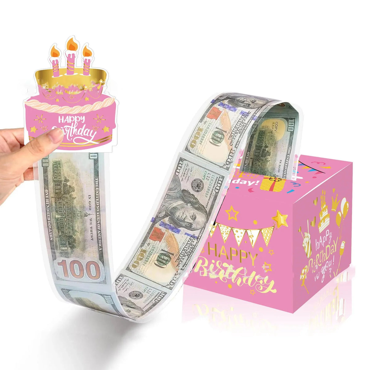 קופסת הפתעה לכסף עם עוגה – מושכים והשטרות יוצאים בשרשרת – תמונה 4