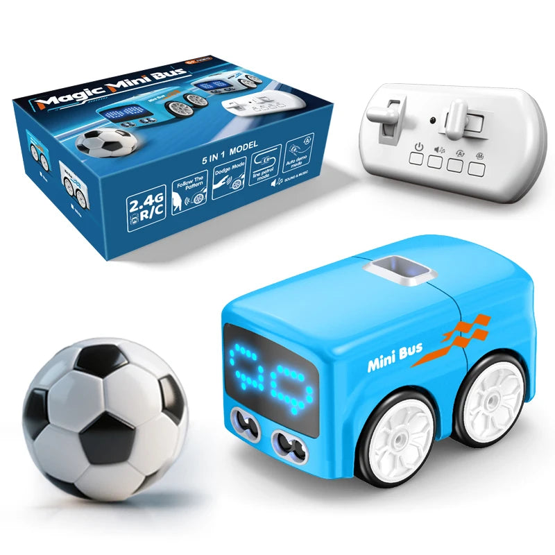 Remote control mini bus toy shown from the side with expressive eyes