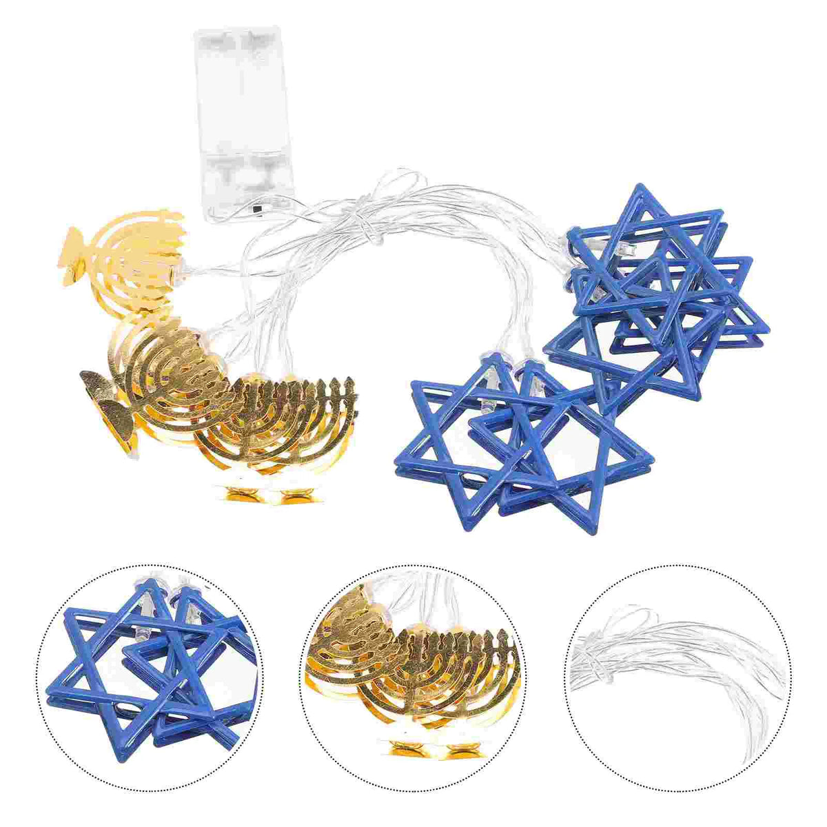 שרשרת אורות לחנוכה בשילוב – חנוכיות ומגני דוד בכחול ובזהב – תמונה 7